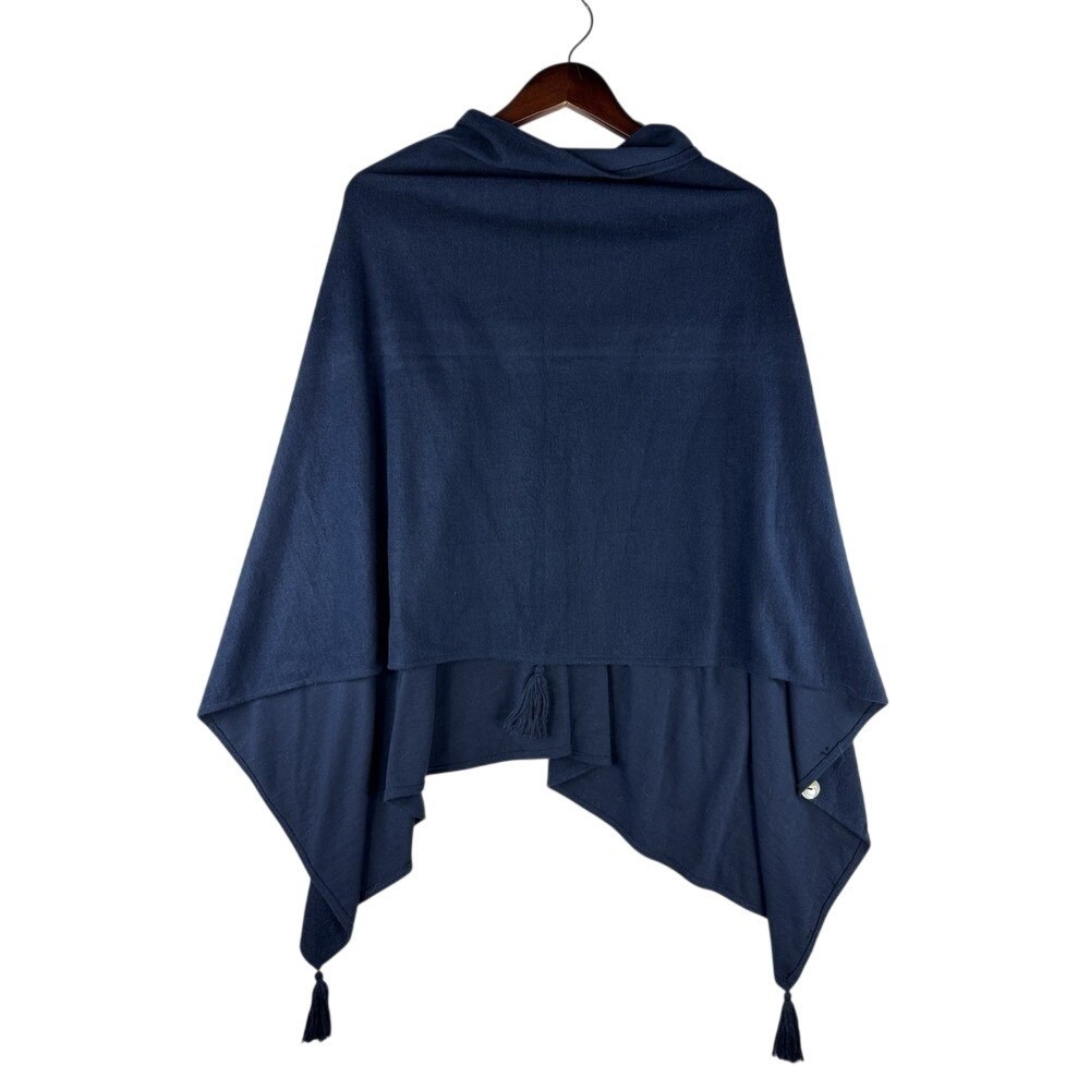 Crosstree Lane Navy Blue Cotton Knit Button Front Tassel Poncho Wrap One size - Picture 3 of 11
